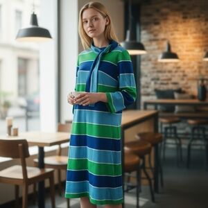 Vintage 1960s Green & Blue Striped Dress
